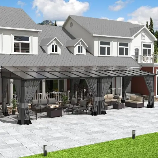 ALAULM 10&rsquo; x 28&rsquo; Wall Mount Gazebo Outdoor Pergola, Lean to Gazebo Canopy Awnings with Sloped Roof and Steel Frame image {6}