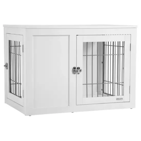 PawHut Wooden Dog Crate Furniture Wire Indoor Pet Kennel Cage, End Table with Double Doors, Locks for Small and Medium Dog House image {7}