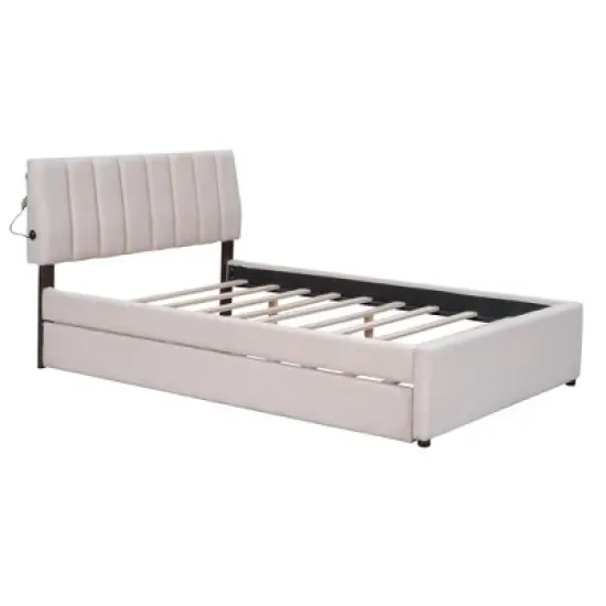 Queen/Full/Twin Size Teddy Fleece Upholstered Platform Bed with Trundle Bed and LED Lights-ModernLuxe image {5}