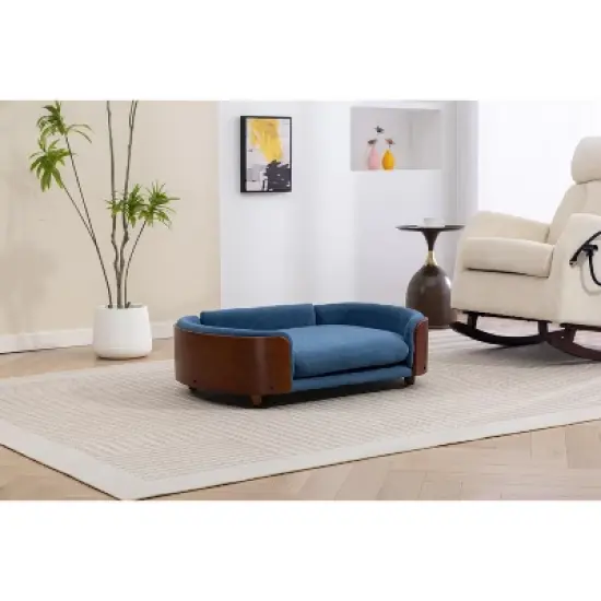 Scandinavian style Elevated Dog Bed Pet Sofa With Solid Wood legs and Walnut Bent Wood Back, Velvet Cushion,Large Size image {5}