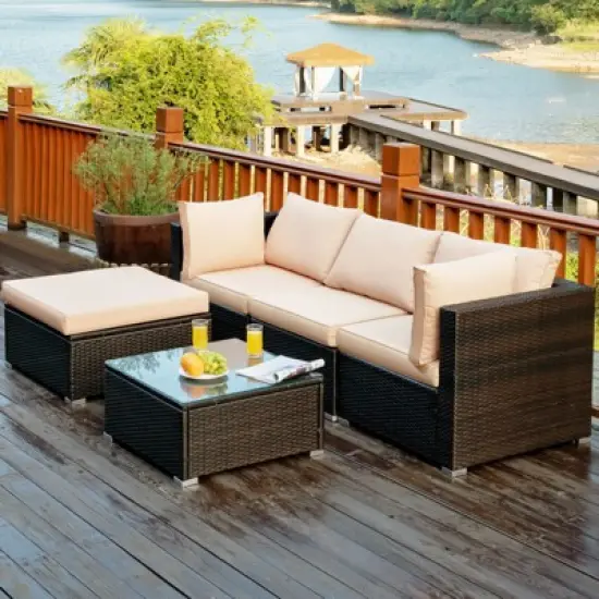 Tangkula 5-Piece Outdoor Patio Sectional Rattan Wicker Sofa Set w/ Cushion image {3}