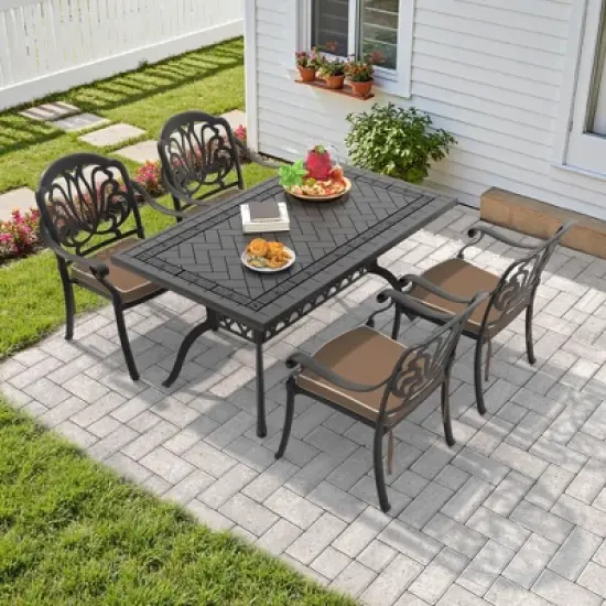 5-Piece Cast Aluminum Outdoor Dining Set: Rectangle Table, 4 Stackable Chairs & Brown Cushions - All-Weather Patio Furniture for Your Backyard image {10}
