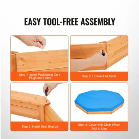 VEVOR Wooden Sandbox with Cover, 75.6 x 75.6 x 9.1 in Octagonal Sand Box, Sand Pit with 4 Seating and Bottom Liner image {4}