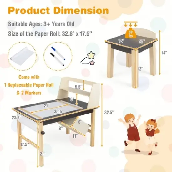 Costway Kids Art Table & Chairs Set Wooden Drawing Desk with Paper Roll Storage Shelf Bins image {2}