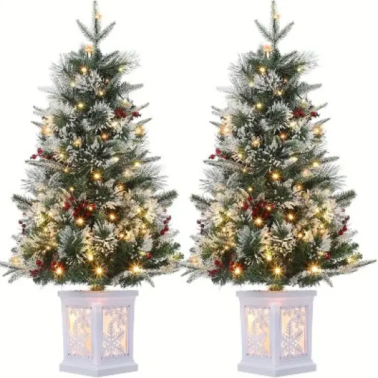 3ft Small Christmas Tree Pre-Lit Artificial Christmas Tree with 78 Led Lights, Snow Flocked Xmas Tree w/Base, Timer Function, Battery Operated image {11}