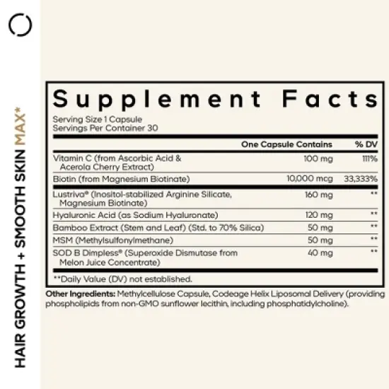 Codeage Hair Growth + Smooth Skin Max Vitamins Supplement - Hair Growth Health Skin Cellulite Support - Biotin, Vitamin C, MSM - 30 Capsules image {2}