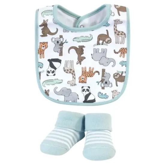 Hudson Baby Infant Boy Cotton Bib and Sock Set, Zoo Animals, One Size image {3}
