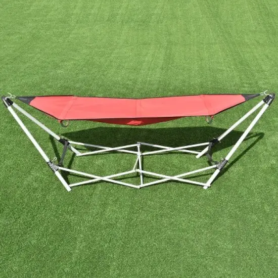 Costway Red Portable Folding Hammock Lounge Camping Bed Steel Frame Stand W/Carry Bag image {3}