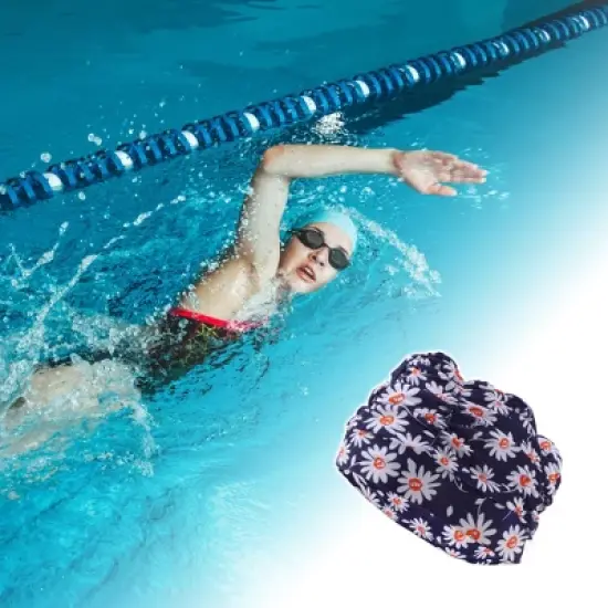 Unique Bargains Polyester Sunflower Pattern Swim Cap 5.91"x9.25" Navy Blue White 1 Pc image {1}