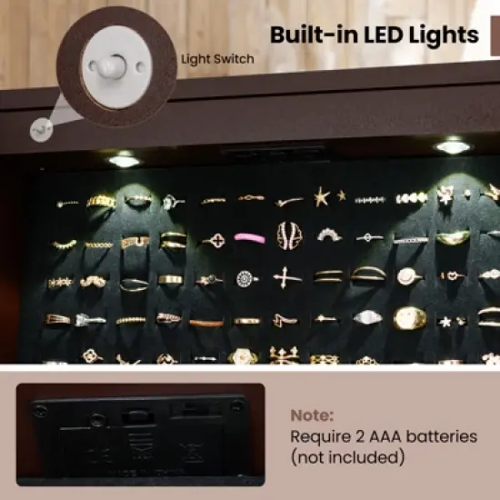 Tangkula Lockable Lighting Mirrored Jewelry Cabinet Dressing Storage Box with LED lights Brown image {6}