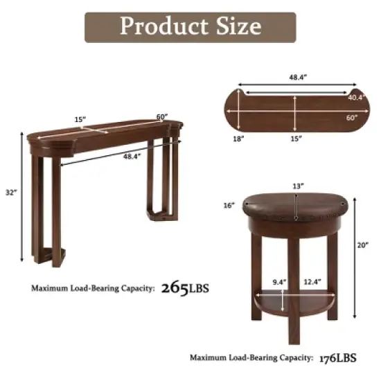 ORRD 4-Piece Bar Table Set with 3 PU Stools, Solid Wood Counter Height Dining Set for Kitchen, Living Room & Small Spaces,Espresso image {4}