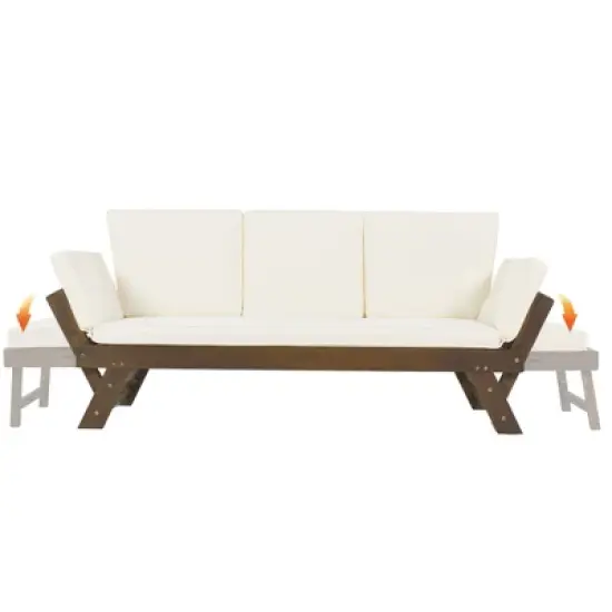 SKRAN Outdoor Adjustable Patio Wooden Daybed Sofa Chaise Lounge with Cushions for Small Places, Brown Finish+Beige Cushion image {5}