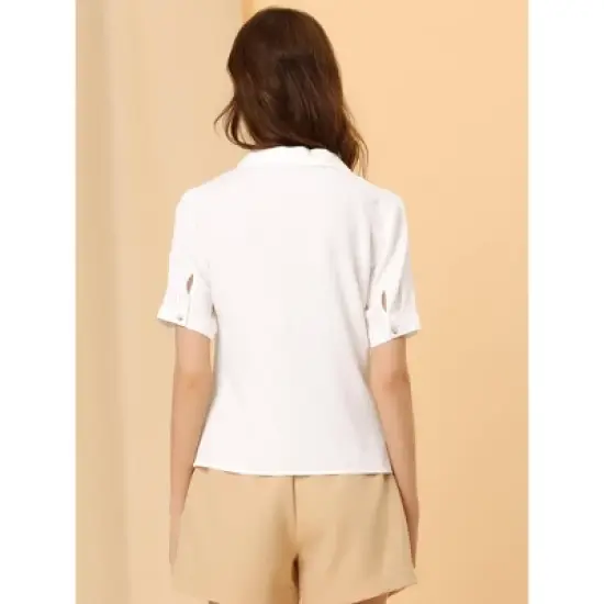 Allegra K Women's Summer Lapel V Neck Short Sleeve Work Button Down Shirts image {2}