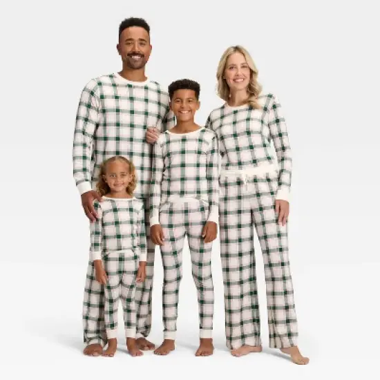 Men's Plaid Ribbed Long Sleeve Holiday Matching Family Pajama Shirt - Wondershop&trade; Cream image {3}
