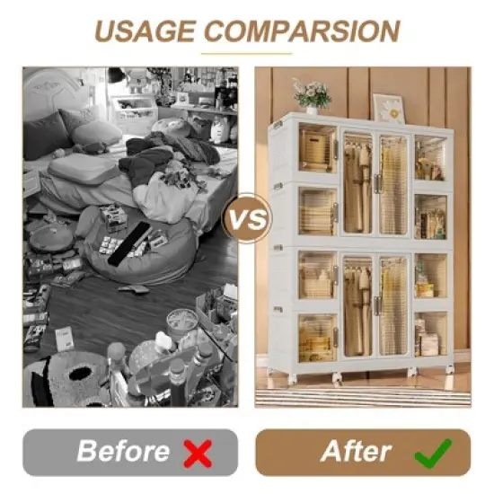 KWPZQEB Large Wardrobe Closet Organizer with Transparent Doors and Wheels, Collapsible Plastic Wardrobe Cabinet with Hanging Rod for Bedroom, White image {6}