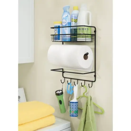 mDesign Metal Wall Mount Paper Towel Holder with Storage Shelf & Hooks - Black image {3}