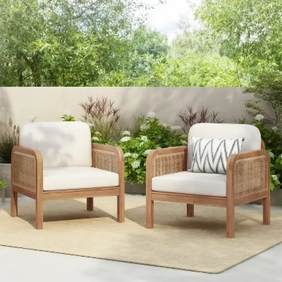 Christopher Knight Home Curtis Patio Rattan and Acacia Wood Club Chair with Water-Resistant Cushion, Brown/Beige image {9}