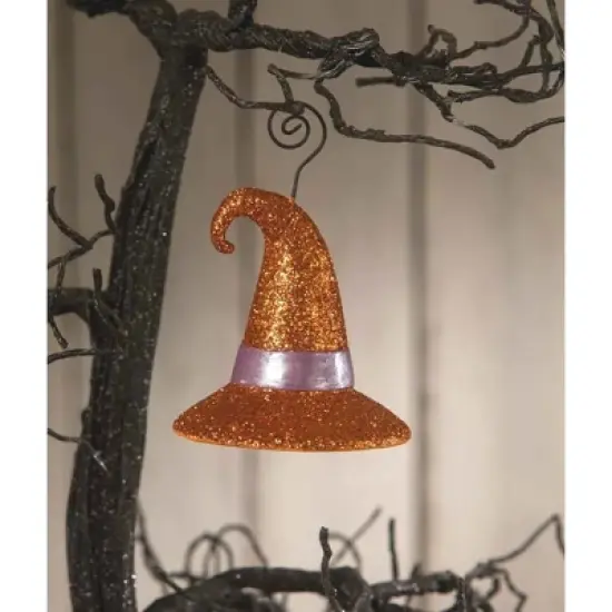Bethany Lowe 4.5 Inch Witch Hat Orange Glitter Halloween Tree Ornament , Halloween Decor Halloween Place Card Holder (1PC) image {2}