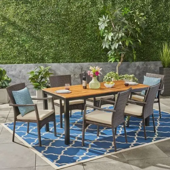 Marconi 7pc Acacia Wood Dining Set with Wicker Chairs & Cushions - Christopher Knight Home image {6}