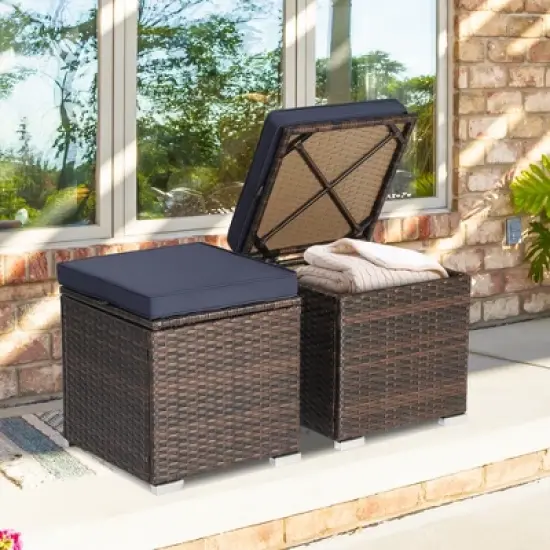 Costway 2PCS Patio Rattan Ottomans Seat Side Table Storage Box Footstool W/Cushions Navy image {2}