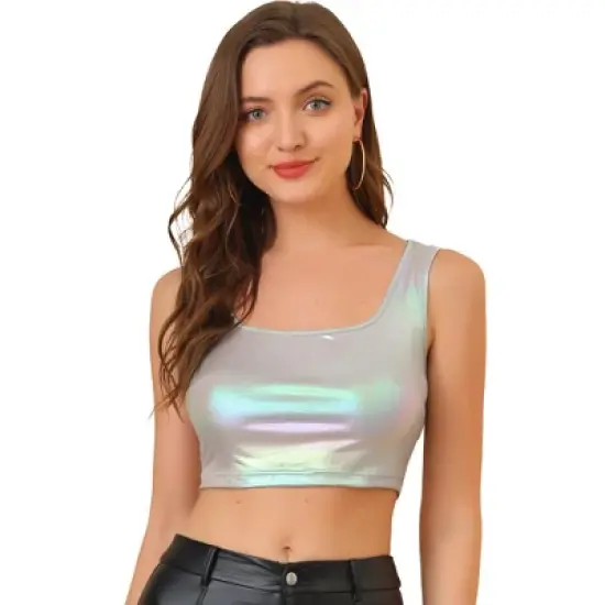 Allegra K Women's U Neck Sleeveless Party Clubwear Shiny Metallic Crop Tank Tops image {12}