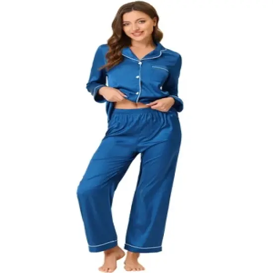 cheibear Womens Pajama Lounge Sleepwear Button Down Tops and Pants Satin Pjs Set image {9}