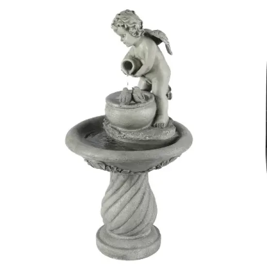 LuxenHome Gray Resin Cherub Birdbath Outdoor Fountain image {2}