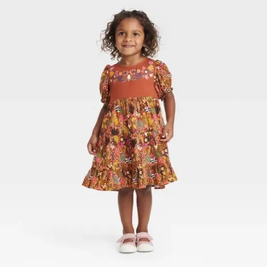 Latino Heritage Month Toddler Puff Short Sleeve Shift Dress - Orange Floral image {4}