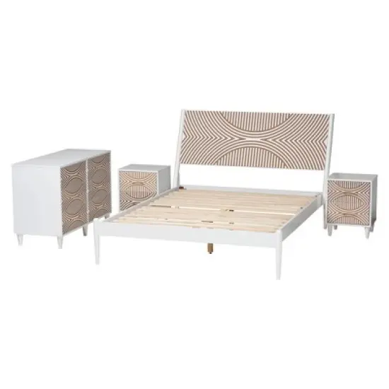 Baxton Studio King 4pc Louetta Carved Contrasting Bedroom Set White/Natural Brown image {2}