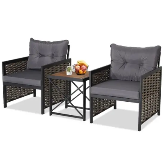 Tangkula 3PCS Rattan Furniture Set Acacia Wood Coffee Table & 2 Chairs Backyard Patio image {4}