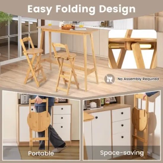 Costway Set of 2 Bamboo Folding Barstools Counter Height Dining Chairs Installation Free image {5}