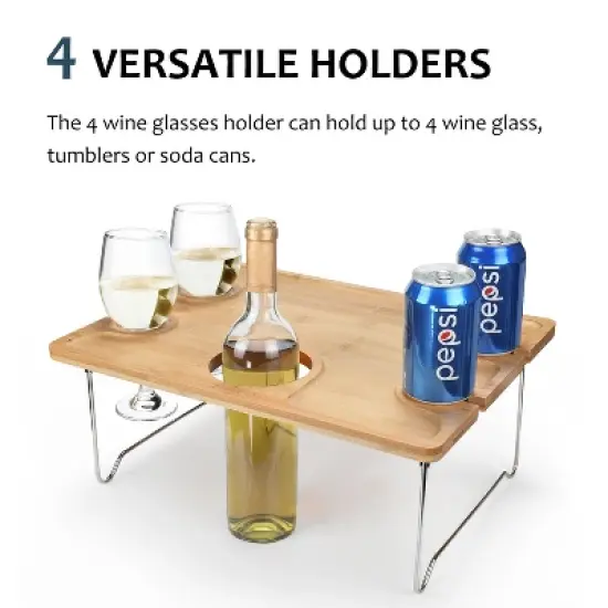 Tirrinia Natural Bamboo Wine Picnic Table, Folding Portable Outdoor Snack & Cheese Tray for Concerts at Park or Party, Beach, Summer Camping image {4}