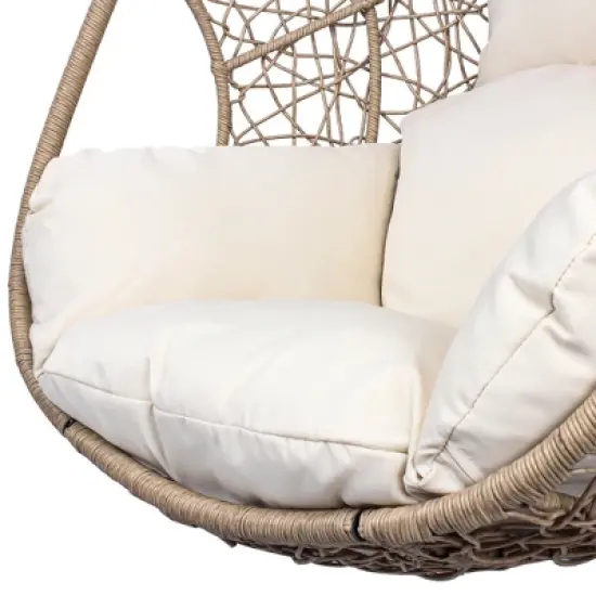 FURNIinspire Patio Swings Hanging Chair With Beige Seat Cushion, Outdoor Indoor Wicker Swing Egg Chair With Stand, Natural Color, 42&ldquo;*47"*73" image {3}
