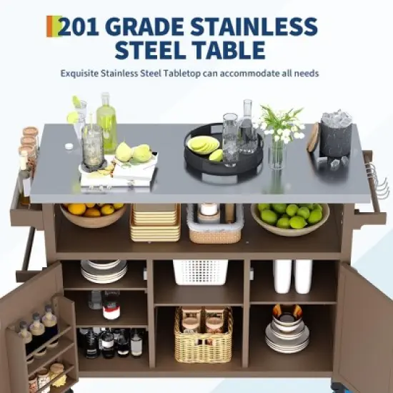 Outdoor Grill Cart with Storage Cabinet, Movable Outdoor Kitchen Island Prep Stand Station with Stainless Steel Tabletop image {3}