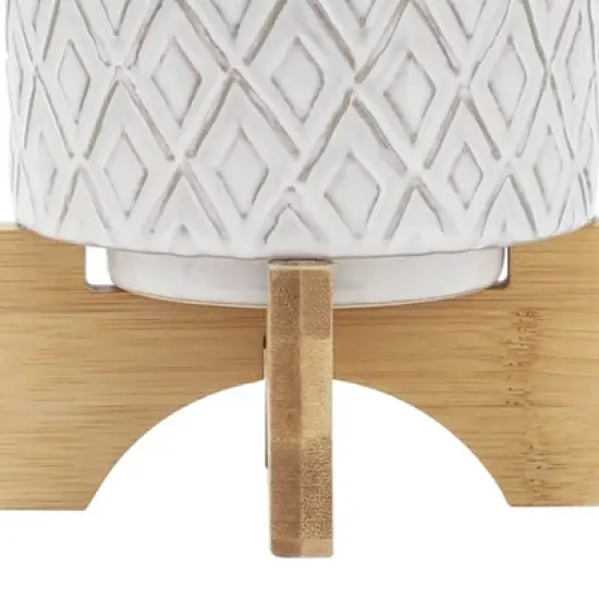 Sagebrook Home 6" Wide Ceramic Diamond Etched Flower Planter Pot with Wooden Stand Beige image {6}