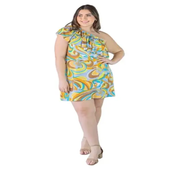 Plus Size Single Shoulder Floral Print And Ruffles Mini Dress image {5}