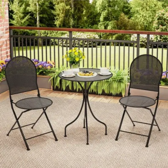 Costway 3 PCS Metal Bistro Set Round Table & 2 Folding Chairs with Rattan-Like Pattern Black/White image {3}
