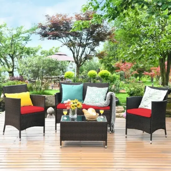 Costway 4PCS Rattan Patio Furniture Set Cushioned Sofa Chair Coffee Table image {12}