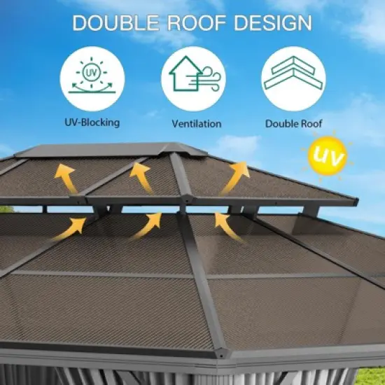 10' x 10' Aluminum Hardtop Gazebo with Galvanized Steel Double Roof Canopy, Outdoor Pergola with Curtains and Netting for Patio Backyard Deck, Grey image {2}