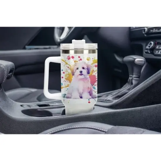100 North 40 Ounce Stainless Steel Double Wall Insulated Glitter Travel Tumbler With Handle, Straw, and Lid, Havanese Dog White image {4}