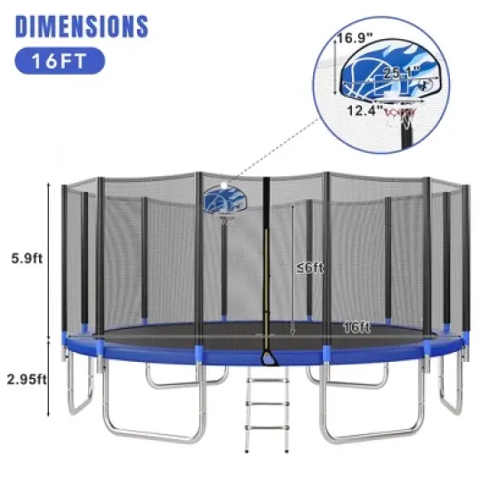 QingMoon 16FT Round Recreational Trampoline With Safety Enclosure,Basketball Hoop,Ladder And Anti Rust Coating Built To Last For Kids And Adults image {1}