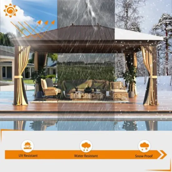 EROMMY 12'x16' Hardtop Gazebo, Wood Looking Patio Gazebo with Aluminum Frame and Single Galvanized Steel Roof image {4}