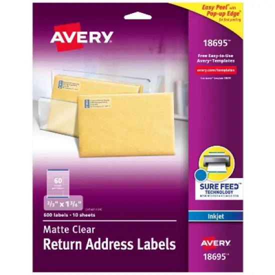 Avery Matte Clear Return Address Labels, Sure Feed Technology, Inkjet, 2/3" x 1-3/4", 600 Labels (18695) image {8}
