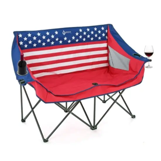 Arrowhead Outdoor Portable Folding Double Duo Camping Chair Loveseat Couch w/ 2 Cup & Wine Glass Holder, Supports up to 500lbs (American Flag) image {6}