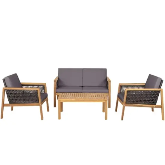 Tangkula 4PCS Patio Acacia Wood Furniture Set PE Rattan Conversation Set w/ Grey Cushions image {10}