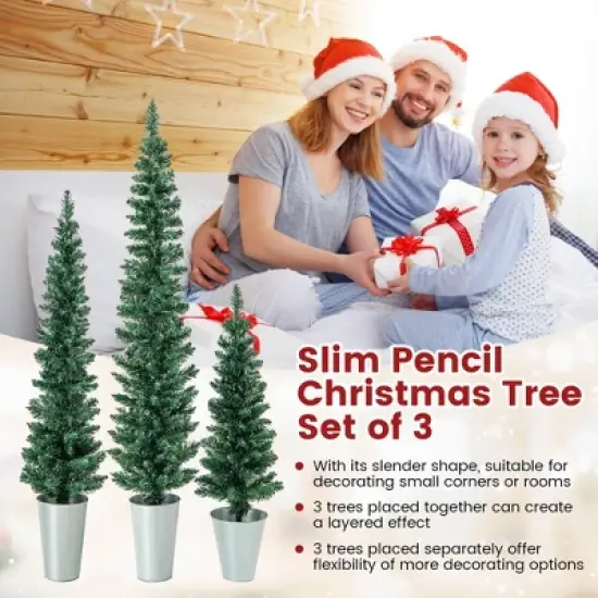 Costway Potted Artificial Christmas Tree Set of 3 with 3/4/5 FT Faux Slim Pencil Trees image {6}