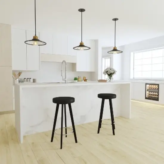 Merrick Lane Contemporary Black Vinyl Barstool with Retro 4-Point Cappuccino Wood Legs and Chrome Footrest image {1}