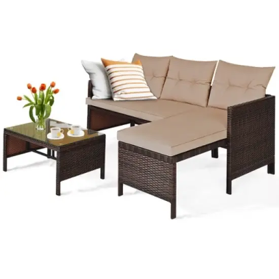 Costway 3PCS Patio Wicker Rattan Sofa Set Outdoor Sectional Conversation Set Garden Lawn Brown image {1}