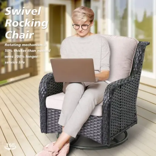 Ovios Orlando 7pc Brown Wicker Outdoor Patio Furniture Conversation Sofa Set with a Rectangle Fire Pit, Swivel Chairs and Cushions image {6}