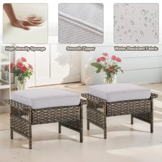 POCASSY Outdoor Ottomans Set of 2, All Wicker Rattan Patio Footrest Ottoman with Cushion image {1}